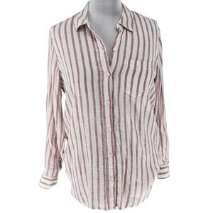 Fleur Bleue Pink Striped White Linen Blend Gold Accent Shirt Long Sleeve‎ SZ L